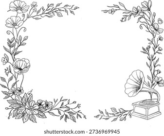 Vintage Gramophone Border And Frame Retro Music Decorative Illustration
