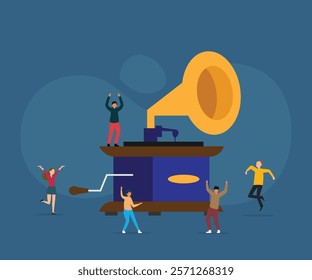 Vintage Gramophone and Dancing People 2d flat vector illustrations