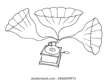 Vintage gramophone in doodle style. Freehand drawing. Doodle. Hand Drawn. Outline.	