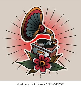 Vintage Gramophone and Flower Traditional Tattoo Art Sticker