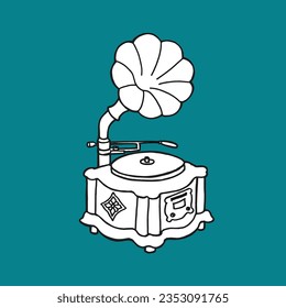 Vintage gramophone hand draw illustration vector isolated in emerald background