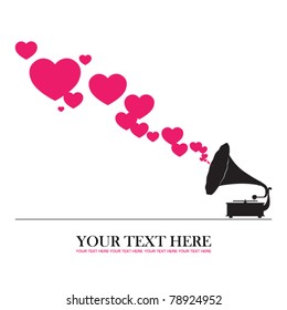 Vintage gramophone with hearts. Abstract vector illustration. Place for your text.