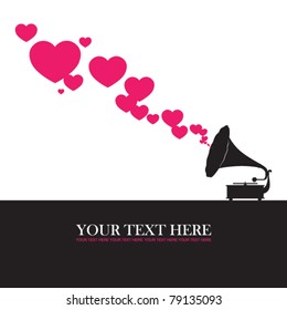 Vintage gramophone with hearts. Abstract vector illustration. Place for your text.
