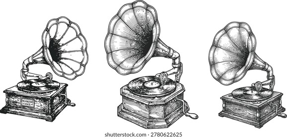Vintage gramophone illustrations, capturing the nostalgic essence of classic phonographs and old-fashioned musical playback devices.