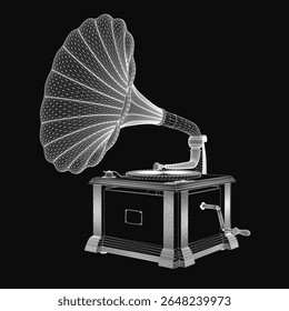Gramofone vintage com detalhes intrincados, incluindo um chifre curvo, fuso e alça de enrolamento, destacando-se contra um fundo preto elegante. O modelo 3D captura a elegância do clássico.