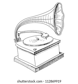 Vintage gramophone isolated on white. Hand drawing sketch vector illustration