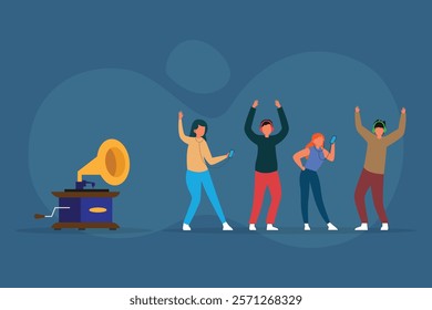 Vintage Gramophone and Modern Dancing Scene 2d flat vector illustrations