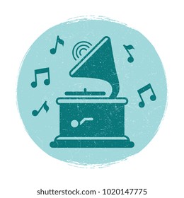 Vintage gramophone music notes emblem with grunge effect. Vector illustration