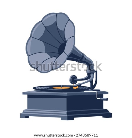 Vintage gramophone playing a vinyl record on a wooden base