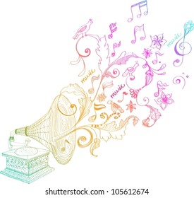Vintage Gramophone, Record player background with floral ornament, beautiful vector illustration