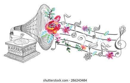 Vintage Gramophone, Record player background with floral ornament, beautiful  illustration with watercolor flowers, Vector
