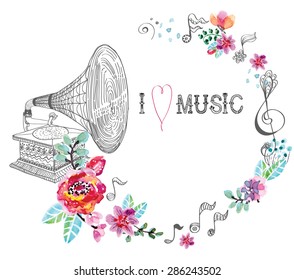 Vintage Gramophone, Record player background with floral ornament, beautiful  illustration with watercolor flowers, Vector