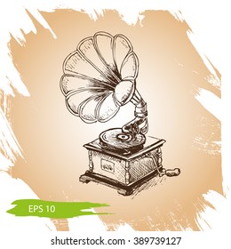Vintage Gramophon, Plattenspieler.
Vektorhintergrund skizziert das Grammophon, das Vinyl Schallplattenspieler.