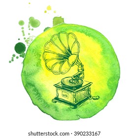 Vintage Gramophone, Record player.
Vector background sketch watercolor the gramophone, the vinyl records player.