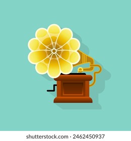 Vintage gramophone, retro multimedia device. Stylized volumetric icon, square size, warm brown colors with shadow. Vector illustration.