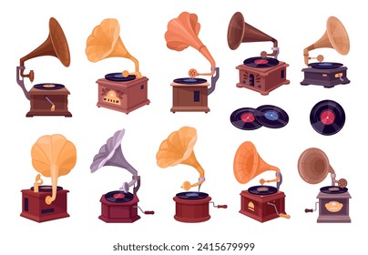 Vintage gramophone set. Cartoon antique disk players and vinyl, retro music record audio devices flat vector illustration set. Retro gramophones collection