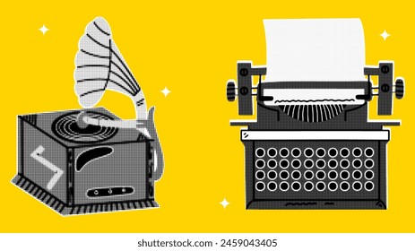 Vintage gramophone and typewriter on a yellow background. Retro collage. Vector.