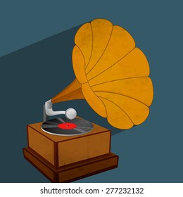 Vintage Gramophone with vinyl isolated on blue background.