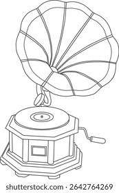 Vintage gramophone vinyl record player, line art vector illustration