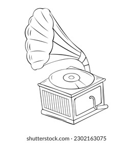 Vintage gramophone with vinyl recording on disc. Gramophone vinyls records retro player isolated on white background. 