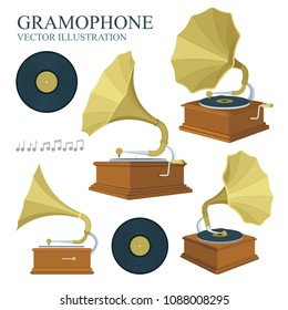 Vintage gramophone and vinyl records illustrations set.
Realistic flat style gramophone and vinyl records icons.
Old gramophones in different views isolated on white background.
Retro music concept.