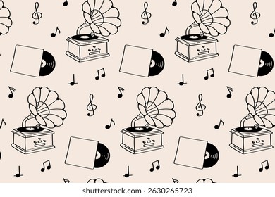 Vintage gramophone and vinyl seamless pattern with music notes – retro jazz style. Repeating retro-style pattern with gramophones, records, and musical notes on pastel background.