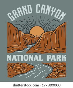 Vintage Grand Canyon National Park Illustration Design. Landscape With Mountains And River