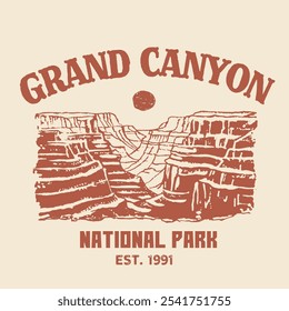 Vintage Grand Canyon National Park Design Ilustração. Grand Canyon National Park cartaz vetor ilustração projeto, desfiladeiro e rio cartaz projeto paisagem com montanhas