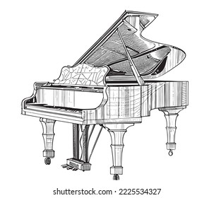 Vintage Grand Piano Hand Drawn Sketch Vector Illustration.