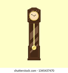 Vintage grandfather clock icon in flat design for your design isolated on yellow background.  Vector illustration EPS 10.