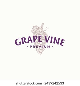 Plantilla de diseño de logotipo de uva vintage con ilustración dibujada a mano.