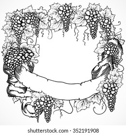 Vintage grapes and leaves with ribbon. Isolated elements. Retro hand drawn vector illustration