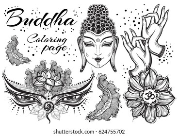 Vintage graphic Buddha set with buddhist sacred elements. Religious concept. High quality vector art isolated. Coloring book page for adults