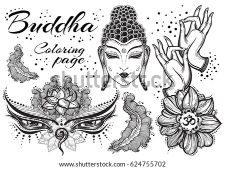 Vintage graphic Buddha set with buddhist sacred elements. Religious concept. High quality vector art isolated. Coloring book page for adults