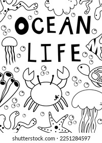 Vintage graphic card with sea and ocean flora and fauna. sea animals drawn in line art style on white background. EPS