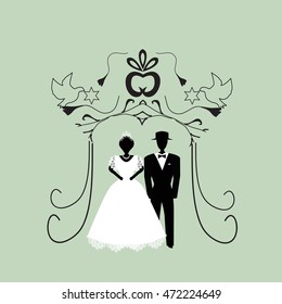 Vintage graphic Chuppah. Religious Jewish wedding canopy for. Bride and groom. Flat. Vector illustration on isolated background.