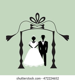 Vintage graphic Chuppah. Religious Jewish wedding canopy for. Bride and groom. Flat. Vector illustration on isolated background.