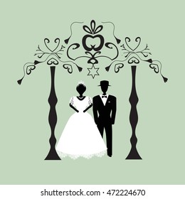 Vintage graphic Chuppah. Religious Jewish wedding canopy for. Bride and groom. Flat. Vector illustration on isolated background.