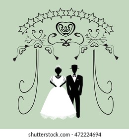Vintage graphic Chuppah. Religious Jewish wedding canopy for. Bride and groom. Flat. Vector illustration on isolated background.