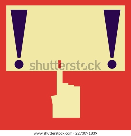 Vintage graphic design in the style of constructivism of the 20s. The hand points to the frame with exclamation marks where your important message will be located. Flat vector illustration. Copy space