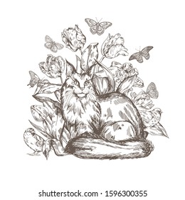 Vintage graphic illustration of cat sitting in flowers with butterflyes and birds. 
