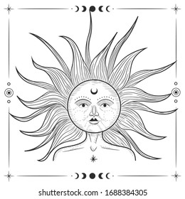 Vintage graphic image of the sun. Vector graphics