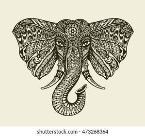 Vintage graphic indian elephant. Floral pattern in ethnic style. Vector illustration