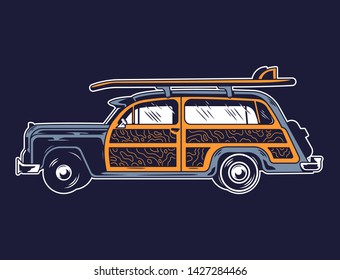 Vintage graphic old school car for freedom traveling on beach surfing style life camping outside Retro custom car drawing hippie illustration for print design t shirt clothes logo icon poster sticker
