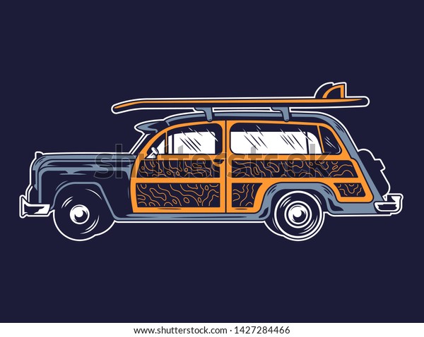 Vintage graphic old school car for freedom\
traveling on beach surfing style life camping outside Retro custom\
car drawing hippie illustration for print design t shirt clothes\
logo icon poster\
sticker