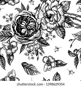 Vintage graphic pattern with roses. Endless ornament for a variety of decorative surfaces. Vector illustration. Vintage graphic flowers.