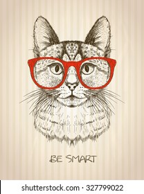 Vintage graphic poster with hipster cat with red glasses, against old paper striped backdrop, be smart quote card, hand drawn vector illustration