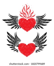 vintage graphic red heart with open black wings in retro style on a white background. decorative set design elements for logo, label, emblem, sign, trademark, tattoo, art. Vector illustration.