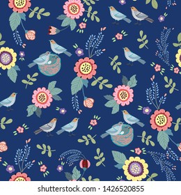 Vintage graphic seamless with birds and flowers.Manual graphics. Seamless pattern for decorating various surfaces.