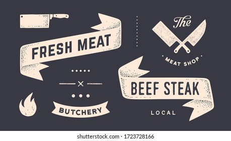 Vintage graphic set. Set of vintage banner, ribbon, cutting knive, text, old school graphic elements, food tools. Design elements for restaurant, bar, cafe, food shop and market. Vector Illustration